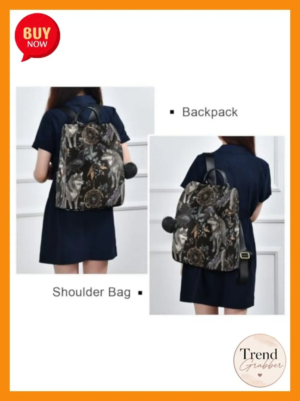 Watercolor Raven Wolf Boho Backpack Purse Adjustable Straps